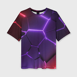 Женская футболка оверсайз Красно-фиолетовые неоновые плиты в разломе
