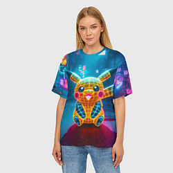 Футболка оверсайз женская Полигональный неоновый Пикачу - нейроарт, цвет: 3D-принт — фото 2