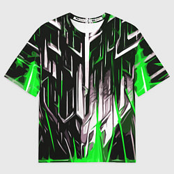 Женская футболка оверсайз Зелёно-белые вертикальные полосы на чёрном фоне