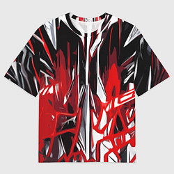 Женская футболка оверсайз Красно-белая хаотичная абстракция на чёрном фоне