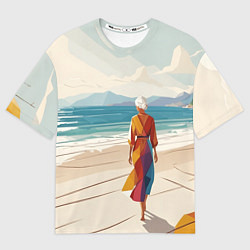Футболка оверсайз женская Летний пейзаж с женщиной на пляже, цвет: 3D-принт