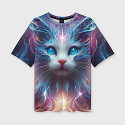 Женская футболка оверсайз Fantastic blue-eyed neon kitten