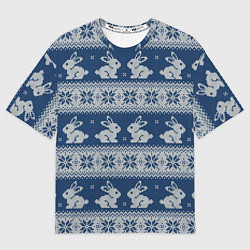 Футболка оверсайз женская Вязаный зимний узор с милыми зайчатами, цвет: 3D-принт
