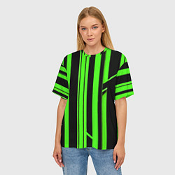 Футболка оверсайз женская Толстые зелёные полосы на чёрном фоне, цвет: 3D-принт — фото 2