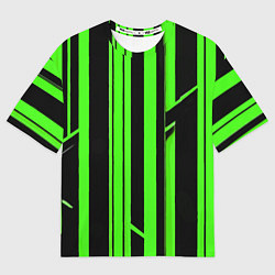 Женская футболка оверсайз Толстые зелёные полосы на чёрном фоне