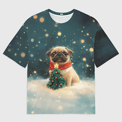 Футболка оверсайз женская Мопс и маленькая елочка, цвет: 3D-принт