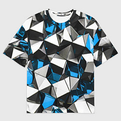 Женская футболка оверсайз Сине-белые рельефные треугольники на чёрном фоне