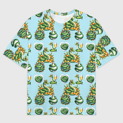 Женская футболка оверсайз Паттерн зелёные новогодние змейки