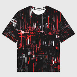 Женская футболка оверсайз Бело-красная тревожная абстракция на чёрном фоне