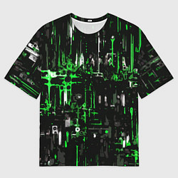 Женская футболка оверсайз Бело-зелёная тревожная абстракция на чёрном фоне