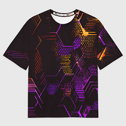 Женская футболка оверсайз Жёлто-фиолетовые точки и линии на чёрном фоне