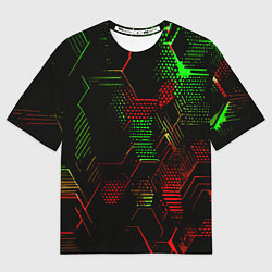 Женская футболка оверсайз Красно-зелёные точки и линии на чёрном фоне