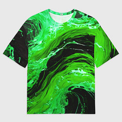 Женская футболка оверсайз Зелёные брызги на чёрном фоне