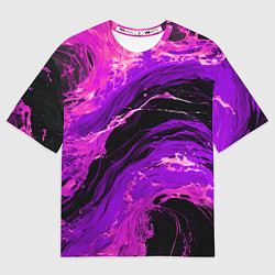 Женская футболка оверсайз Фиолетовые брызги на чёрном фоне