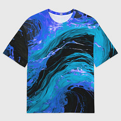 Женская футболка оверсайз Синие брызги на чёрном фоне