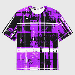 Женская футболка оверсайз Фиолетово-белый гранж на чёрном фоне