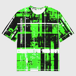 Женская футболка оверсайз Зелёно-белый гранж на чёрном фоне