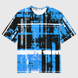 Женская футболка оверсайз Сине-белый гранж на чёрном фоне