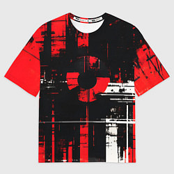 Женская футболка оверсайз Красно-белый гранж на чёрном фоне