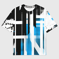 Женская футболка оверсайз Чёрно-синие вертикальные и горизонтальные полосы н