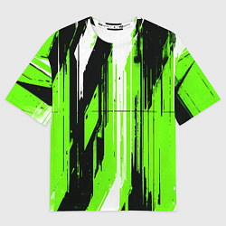 Женская футболка оверсайз Вертикальные чёрно-белые линии на зелёном фоне