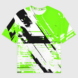 Женская футболка оверсайз Diagonal black and green stripes on a white backgr