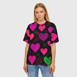 Футболка оверсайз женская Сердечки на черном, цвет: 3D-принт — фото 2