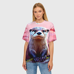 Футболка оверсайз женская Выдра в розовом цвете, цвет: 3D-принт — фото 2