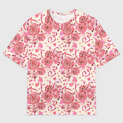 Футболка оверсайз женская Букеты роз с сердечками, цвет: 3D-принт