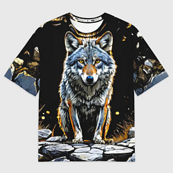 Футболка оверсайз женская Волк на черном, цвет: 3D-принт