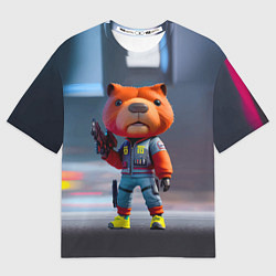 Женская футболка оверсайз Крутой капибара с пистолетом - киберпанк фантазия