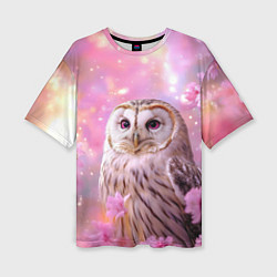 Футболка оверсайз женская Большая сова в розовых цветах, цвет: 3D-принт