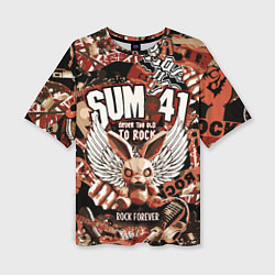 Женская футболка оверсайз Sum 41 на фоне кролика и гитар