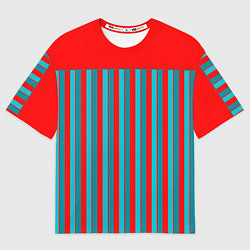 Футболка оверсайз женская Красно синий комбинированный узор с полосами, цвет: 3D-принт