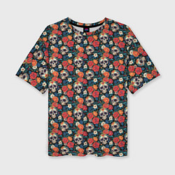 Женская футболка оверсайз Черепа и цветы Santa Muerte