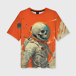 Женская футболка оверсайз Скелет космонавт и краска на фоне