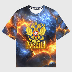Женская футболка оверсайз Россия герб и огонь
