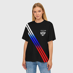 Футболка оверсайз женская Герб и полосы с цветами флага России на чёрном, цвет: 3D-принт — фото 2