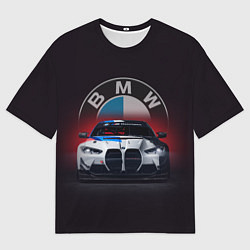 Футболка оверсайз женская BMW на красном фоне, цвет: 3D-принт