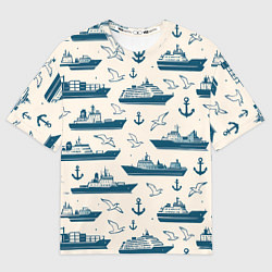 Женская футболка оверсайз Морской паттерн из чаек, якорей и кораблей