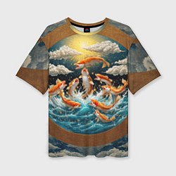 Женская футболка оверсайз Большие золотистые рыбы выпрыгивают из воды