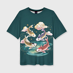 Женская футболка оверсайз Рыбы в облаках над прудом