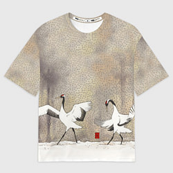 Женская футболка оверсайз Журавли зимняя акварель