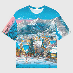 Футболка оверсайз женская Новогодняя деревушка в горах, цвет: 3D-принт