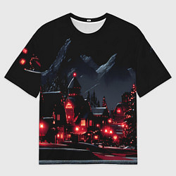 Женская футболка оверсайз Новогодняя ночь и красные гирлянды