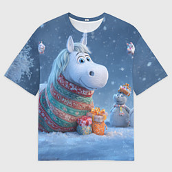 Женская футболка оверсайз Новогодняя лошадь с подарками