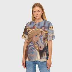 Футболка оверсайз женская Блондинка с новогодней лошадкой, цвет: 3D-принт — фото 2