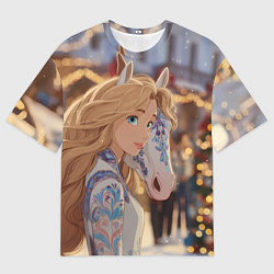 Женская футболка оверсайз Блондинка с новогодней лошадкой