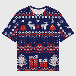 Женская футболка оверсайз Новогодний вязаный паттерн