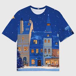Футболка оверсайз женская Синяя новогодняя елочка во дворе, цвет: 3D-принт